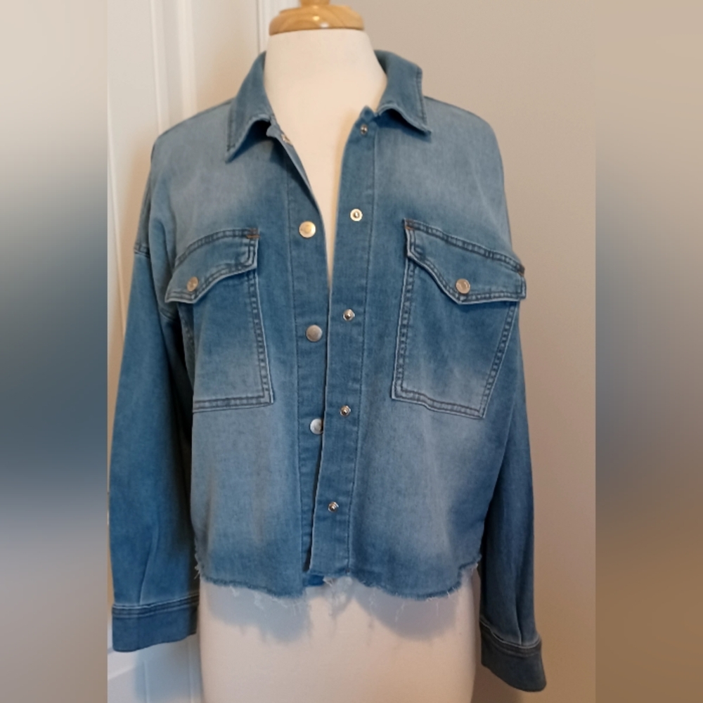 NWOT Oversized MB Cropped DENIM Jacket Love Strength Celebrate Sz Med